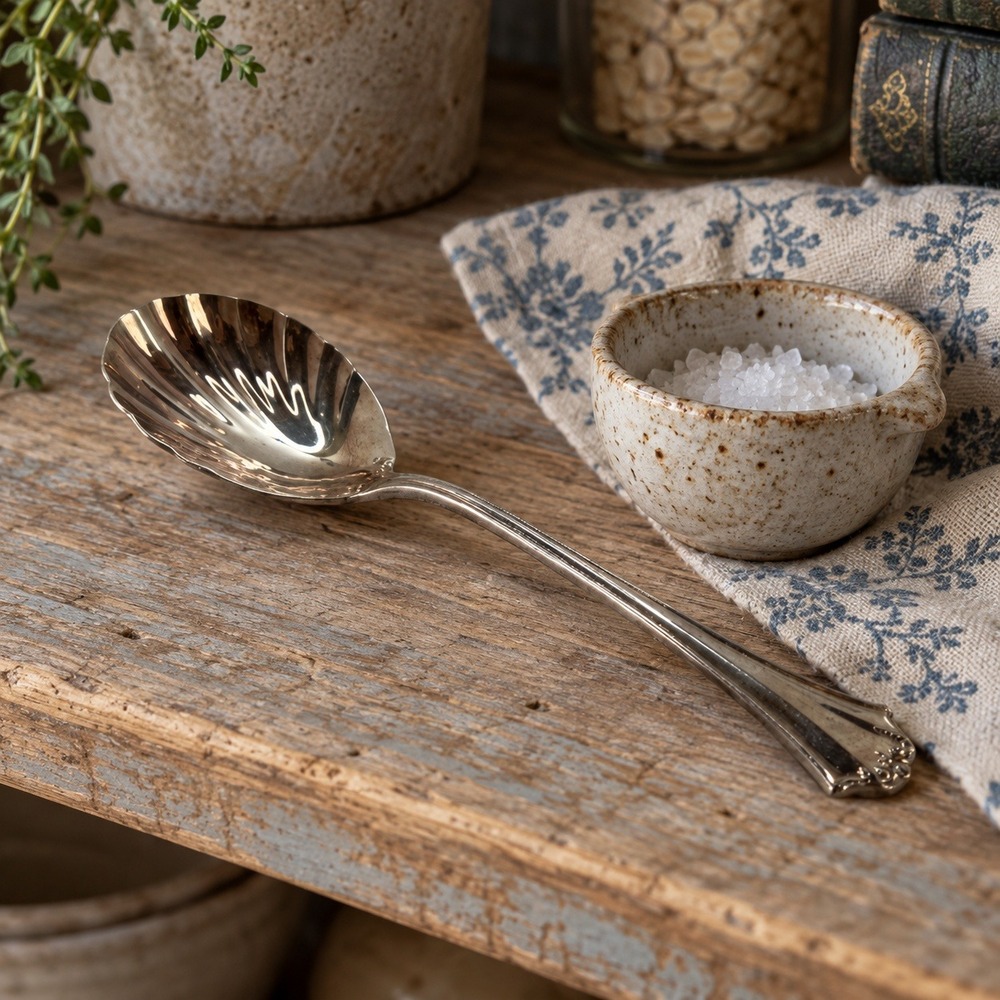 Reed & Barton Silver Shell Sugar Spoon, Fluted Cottage Serving Utensil